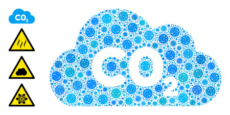 CO2 gas cloud covid mosaic icon. CO2 gas cloud collage is organized from scattered infection pictograms. Bonus pictograms are added. Flat style.のイラスト素材