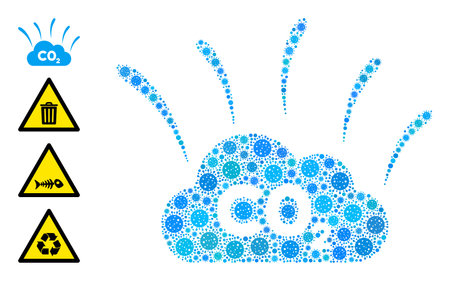 CO2 smoke emission coronavirus mosaic icon. CO2 smoke emission collage is made of scattered viral icons. Bonus icons are added. Flat style.のイラスト素材