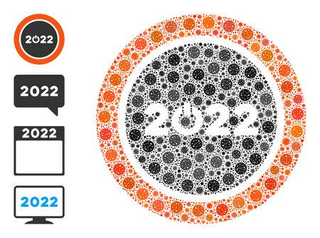 Start 2022 round button virus mosaic icon. Start 2022 round button collage is constructed of scattered viral pictograms. Bonus pictograms are added. Flat style.のイラスト素材