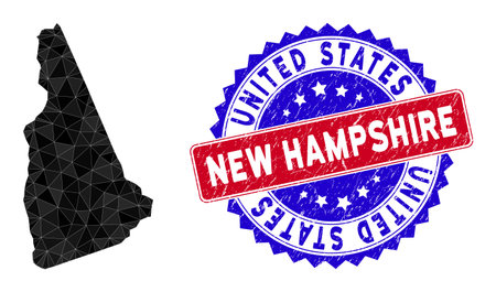 New Hampshire State map polygonal mesh with filled triangles, and distress bicolor seal. Triangle mosaic New Hampshire State map with mesh vector model, triangles have randomized sizes, and positions,のイラスト素材