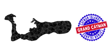 Grand Cayman Island map polygonal mesh with filled triangles, and scratched bicolor watermark. Triangle mosaic Grand Cayman Island map with mesh vector model, triangles have randomized sizes,のイラスト素材