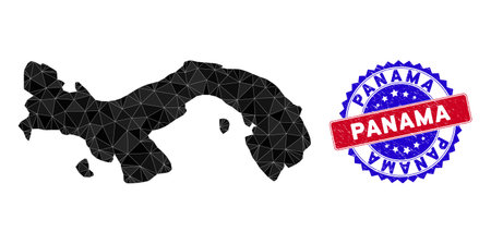 Panama map polygonal mesh with filled triangles, and rough bicolor stamp print. Triangle mosaic Panama map with mesh vector model, triangles have variable sizes, and positions, and color hues.のイラスト素材