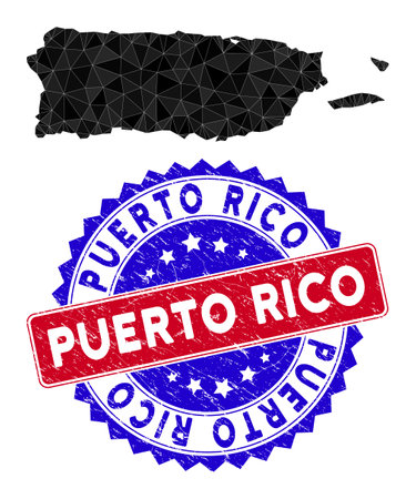 Puerto Rico map polygonal mesh with filled triangles, and scratched bicolor rubber seal. Triangle mosaic Puerto Rico map with mesh vector model, triangles have randomized sizes, and positions,のイラスト素材