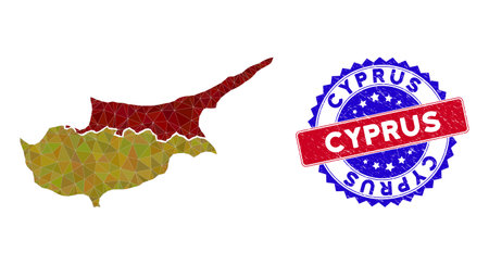 Cyprus countries map polygonal mesh with filled triangles, and unclean bicolor rubber seal. Triangle mosaic Cyprus countries map with mesh vector model, triangles have variable sizes, and positions,のイラスト素材