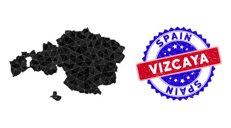 Vizcaya Province map polygonal mesh with filled triangles, and scratched bicolor stamp seal. Triangle mosaic Vizcaya Province map with mesh vector model, triangles have randomized sizes,のイラスト素材