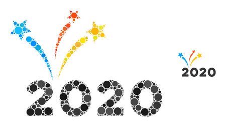 2020 fireworks collage of round dots in various sizes and shades. Vector round dots are composed into 2020 fireworks composition. 2020 fireworks isolated on a white background.のイラスト素材