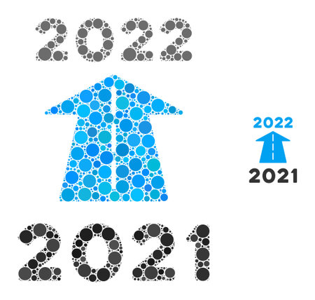 2022 future road collage of circle elements in various sizes and color tones. Vector round elements are combined into 2022 future road collage. 2022 future road isolated on a white background.のイラスト素材