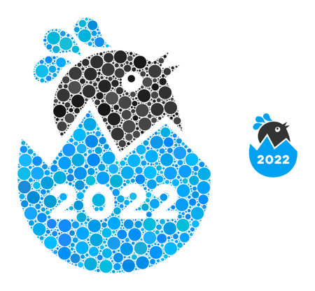 2022 hatch chick composition of round pixels in variable sizes and color tones. Vector round elements are united into 2022 hatch chick composition. 2022 hatch chick isolated on a white background.のイラスト素材