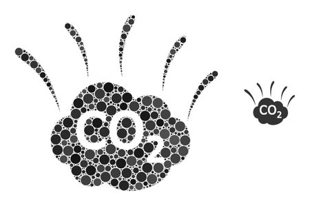 CO2 emission cloud composition of dots in various sizes and color tinges. Vector round dots are united into CO2 emission cloud composition. CO2 emission cloud isolated on a white background.のイラスト素材