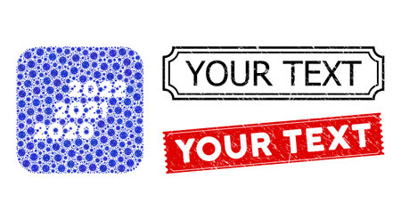 Vector collage 2020 - 2022 years and grunge Your Text stamps. Mosaic 2020 - 2022 years designed as carved shape from rounded square with blue cell elements.のイラスト素材