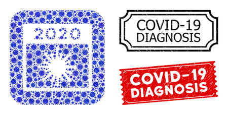 Vector mosaic 2020 covid calendar day and grunge Covid-19 Diagnosis seals. Mosaic 2020 covid calendar day constructed as stencil from rounded square with blue bacterium items.のイラスト素材