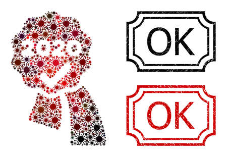 Collage 2020 approve award composed of SARS virus elements, and grunge OK rectangle seals with notches.のイラスト素材