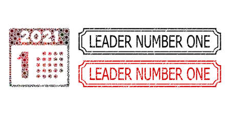 Collage 2021 year first day composed of SARS virus items, and grunge Leader Number One rectangle stamps with notches.のイラスト素材