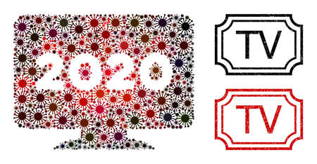 Collage 2020 display screen organized from covid-2019 elements, and grunge TV rectangle seals with notches.のイラスト素材