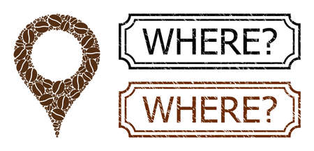 Collage map marker organized from cocoa grain, and grunge Where? rectangle badges with notches. Vector coffee elements are organized into abstract composition map marker icon with brown color.のイラスト素材