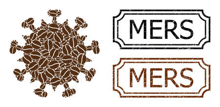 Mosaic SARS virus organized from coffee grain, and grunge Mers rectangle stamps with notches. Vector coffee items are arranged into abstract mosaic SARS virus icon with brown color.のイラスト素材