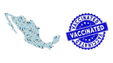 Mexico mosaic map organized with syringe items, and Vaccinated grunge seal. Vector syringe randomized flat items are united into conceptual map of Mexico. Vaccinated grunge blue rosette seal stamp.のイラスト素材