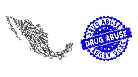 Mexican mosaic map created of syringe items, and Drug Abuse distress seal stamp. Vector syringe randomized flat pictograms are organized into mosaic map of Mexico country.のイラスト素材