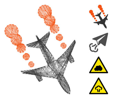 Vector wire frame airplane smoke trace. Geometric wire frame flat network generated with airplane smoke trace icon, designed from crossed lines. Some other icons are added.のイラスト素材
