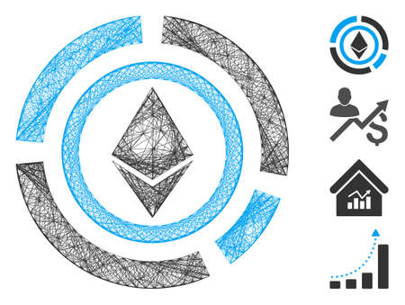 Vector wire frame Ethereum diagram. Geometric wire carcass flat net generated with Ethereum diagram icon, designed with crossed lines. Some bonus icons are added.のイラスト素材