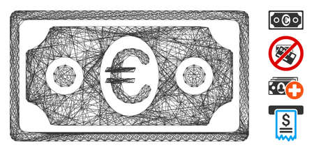 Vector wire frame Euro banknote. Geometric linear frame flat network generated with Euro banknote icon, designed with crossing lines. Some additional icons are added.のイラスト素材