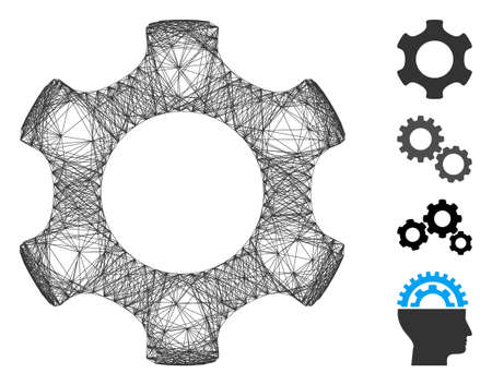 Vector wire frame gear. Geometric wire carcass flat net generated with gear icon, designed with crossing lines. Some bonus icons are added.のイラスト素材