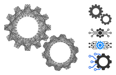 Vector wire frame gears. Geometric linear frame 2D net based on gears icon, designed with intersected lines. Some similar icons are added.のイラスト素材
