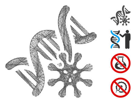 Vector net genetics. Geometric hatched carcass 2D net generated with genetics icon, designed with crossed lines. Some bonus icons are added.のイラスト素材