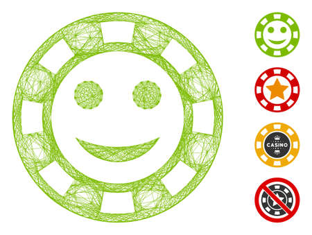 Vector net happy casino chip. Geometric linear carcass flat net made from happy casino chip icon, designed from crossed lines. Some additional icons are added.のイラスト素材