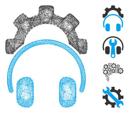 Vector network headphones configuration gear. Geometric hatched carcass flat network generated with headphones configuration gear icon, designed with crossing lines. Some additional icons are added.のイラスト素材