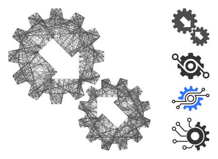 Vector network integration gears. Geometric linear frame 2D network made from integration gears icon, designed from crossed lines. Some additional icons are added.のイラスト素材
