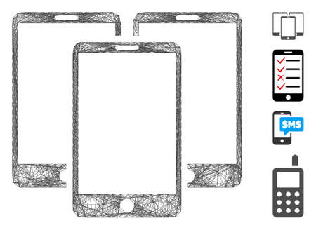 Vector net mobile phones. Geometric wire carcass flat net generated with mobile phones icon, designed with crossing lines. Some additional icons are added.のイラスト素材