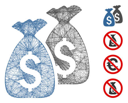 Vector network money bags. Geometric hatched carcass flat network generated with money bags icon, designed with intersected lines. Some other icons are added.のイラスト素材