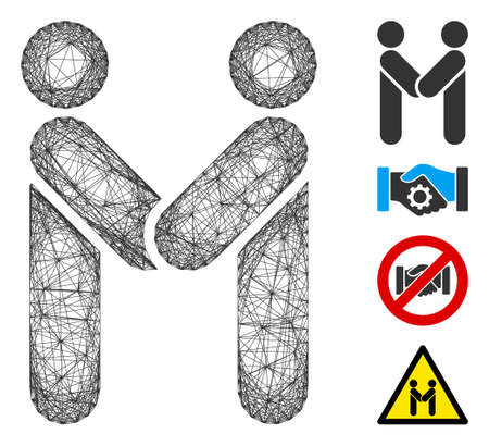 Vector wire frame persons handshake. Geometric wire carcass 2D network made from persons handshake icon, designed from crossed lines. Some additional icons are added.のイラスト素材