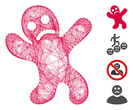 Vector wire frame sad cookie man. Geometric hatched frame 2D net made from sad cookie man icon, designed from crossing lines. Some additional icons are added.のイラスト素材