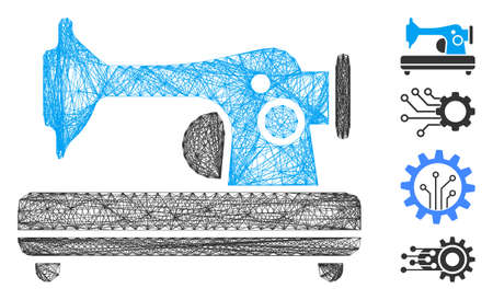 Vector wire frame sewing machine. Geometric hatched frame flat net made from sewing machine icon,...