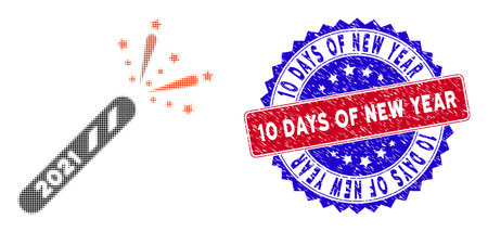 Dotted halftone 2021 firecracker icon, and 10 Days of New Year scratched stamp seal. 10 Days of New Year stamp seal uses bicolor rosette shape, red and blue colors.のイラスト素材