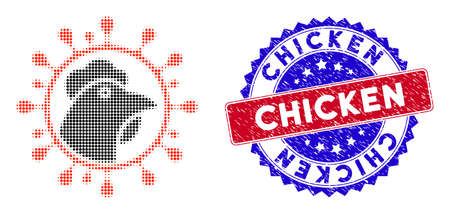 Dotted halftone chicken flu coronavirus icon, and Chicken scratched rubber seal. Chicken stamp seal uses bicolor rosette shape, red and blue colors.のイラスト素材