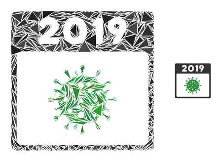 Triangle mosaic 2019 covid calendar day icon. 2019 covid calendar day vector mosaic icon of triangle items which have randomised sizes, and positions, and color hues.のイラスト素材