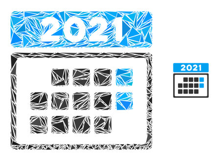 Triangle mosaic 2021 calendar month table icon. 2021 calendar month table vector mosaic icon of triangle items which have variable sizes, and positions, and color tones.のイラスト素材