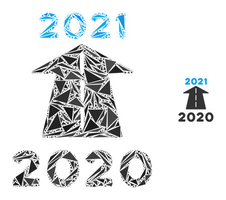 Triangle mosaic 2021 future road icon. 2021 future road vector mosaic icon of triangle elements which have variable sizes, and positions, and color tones. Abstract flat triangle 2021 future road.のイラスト素材