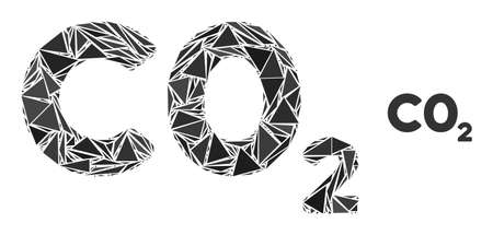 Triangle mosaic CO2 formula icon. CO2 formula vector mosaic icon of triangle elements which have various sizes, and positions, and color tones. Abstract flat triangle CO2 formula.のイラスト素材