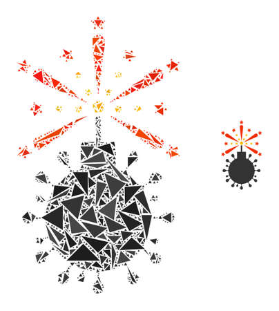 Triangle mosaic coronavirus bomb detonator icon. Coronavirus bomb detonator vector mosaic icon of triangle elements which have randomised sizes, and positions, and color tones.のイラスト素材