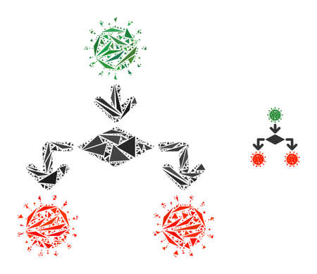 Triangle mosaic coronavirus replication icon. Coronavirus replication vector mosaic icon of triangle items which have randomised sizes, and positions, and color shades.のイラスト素材