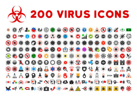 200 virus icons in flat style. 200 virus icons is a vector icon set with biohazard, viral, microbe, flu, infection symbols. These simple pictograms designed for medical, healthcare, vaccination purposes. 200 virus icons on a white background.のイラスト素材