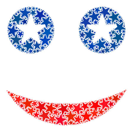 Happy smile mosaic of stars in different sizes and color shades. Happy smile illustration uses American official blue and red colors of Democratic and Republican political parties, and star parts.のイラスト素材