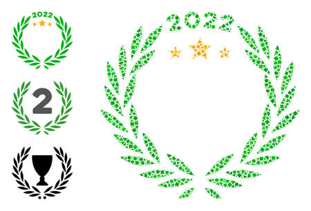 Mosaic 2022 laurel wreath icon organized from uneven items in variable sizes, positions and proportions. Vector rugged pieces are organized into abstract mosaic 2022 laurel wreath icon.のイラスト素材