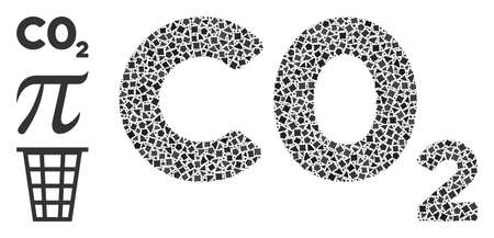 Collage CO2 formula icon united from unequal elements in variable sizes, positions and proportions. Vector puzzle elements are organized into abstract collage CO2 formula icon.のイラスト素材