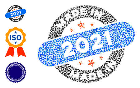 Mosaic Made in 2021 stamp icon organized from trembly pieces in various sizes, positions and proportions. Vector rough spots are united into abstract mosaic made in 2021 stamp icon.のイラスト素材