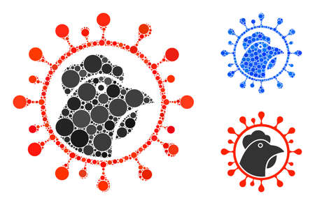Mosaic chicken flu coronavirus icon constructed from spheric elements in various sizes, positions and proportions. Blue and original versions of chicken flu coronavirus icon.のイラスト素材